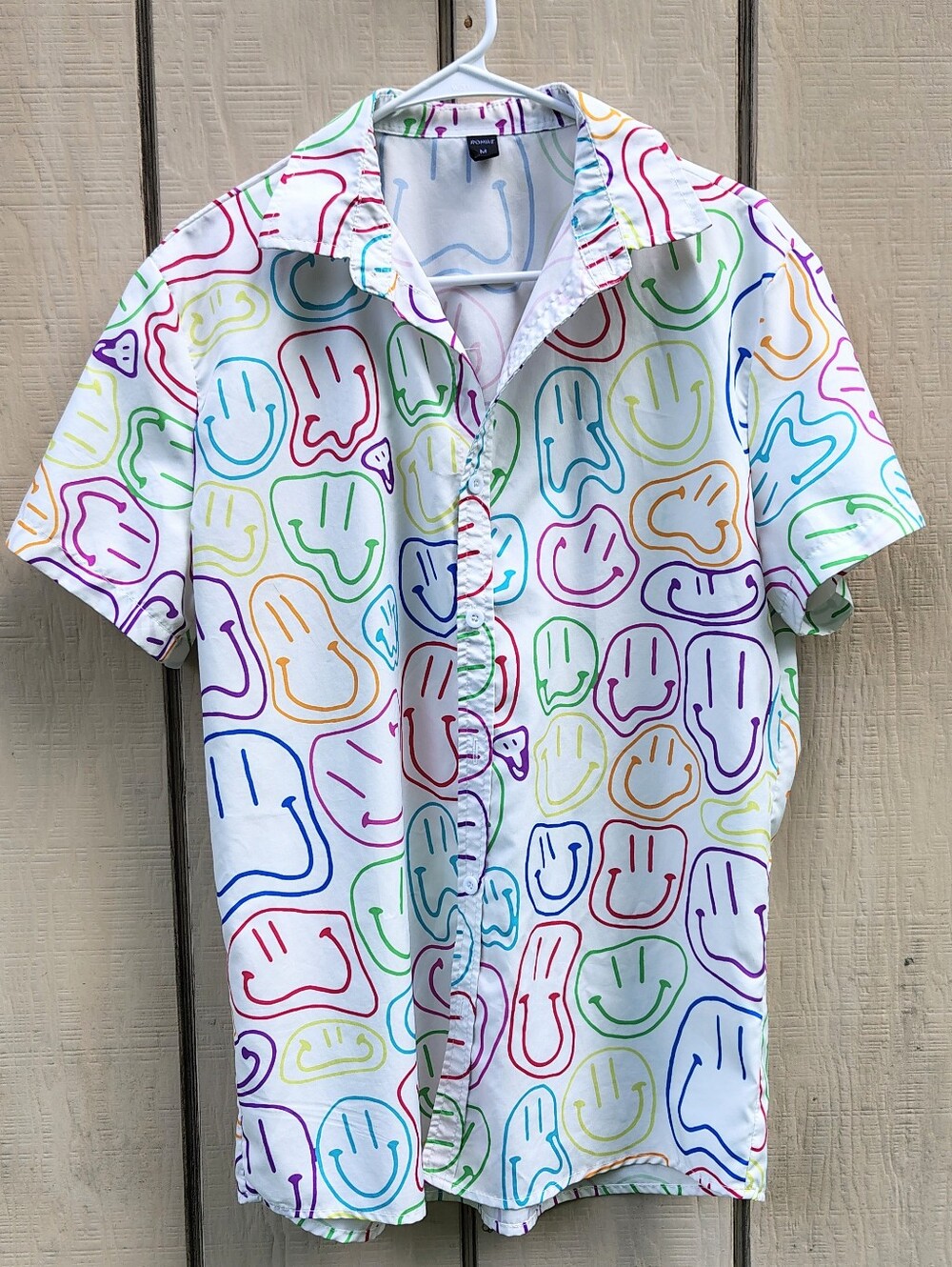 ROMWE Smiley Face Top M White Short-Sleeve Button Up Multicolor Y2K Fun